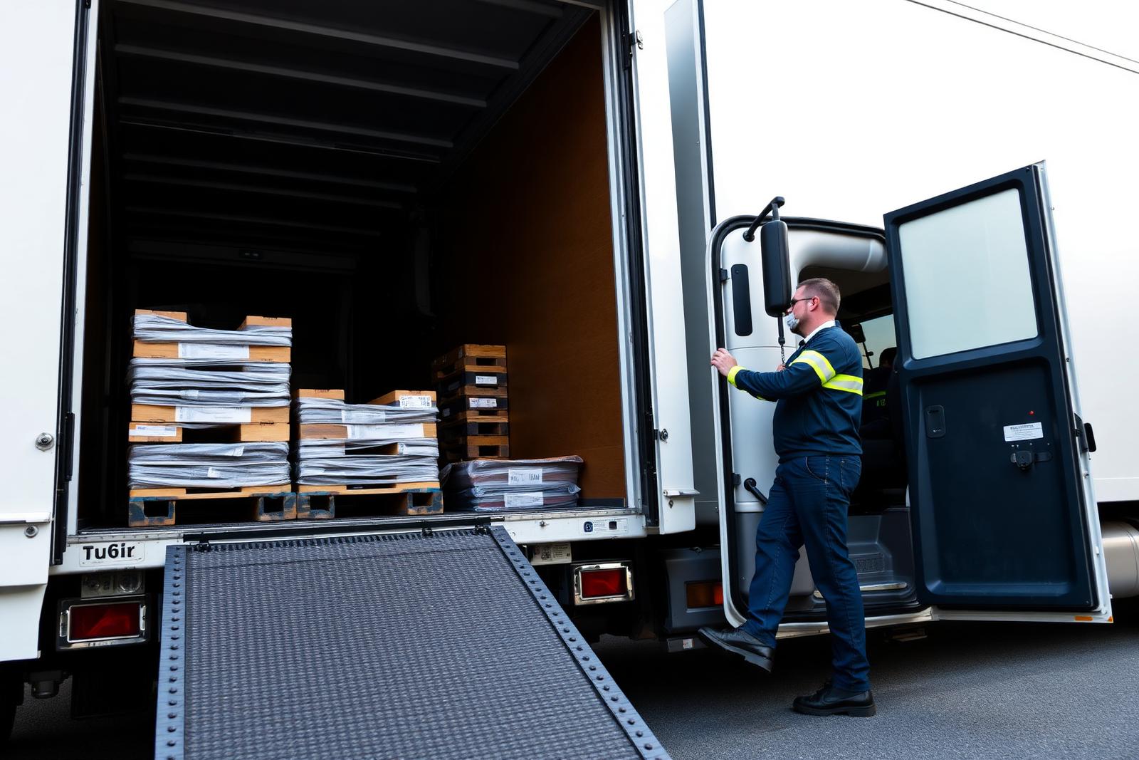 Ein Fahrer von Swiss Truckline lädt Paletten in einen modernen Lieferwagen.